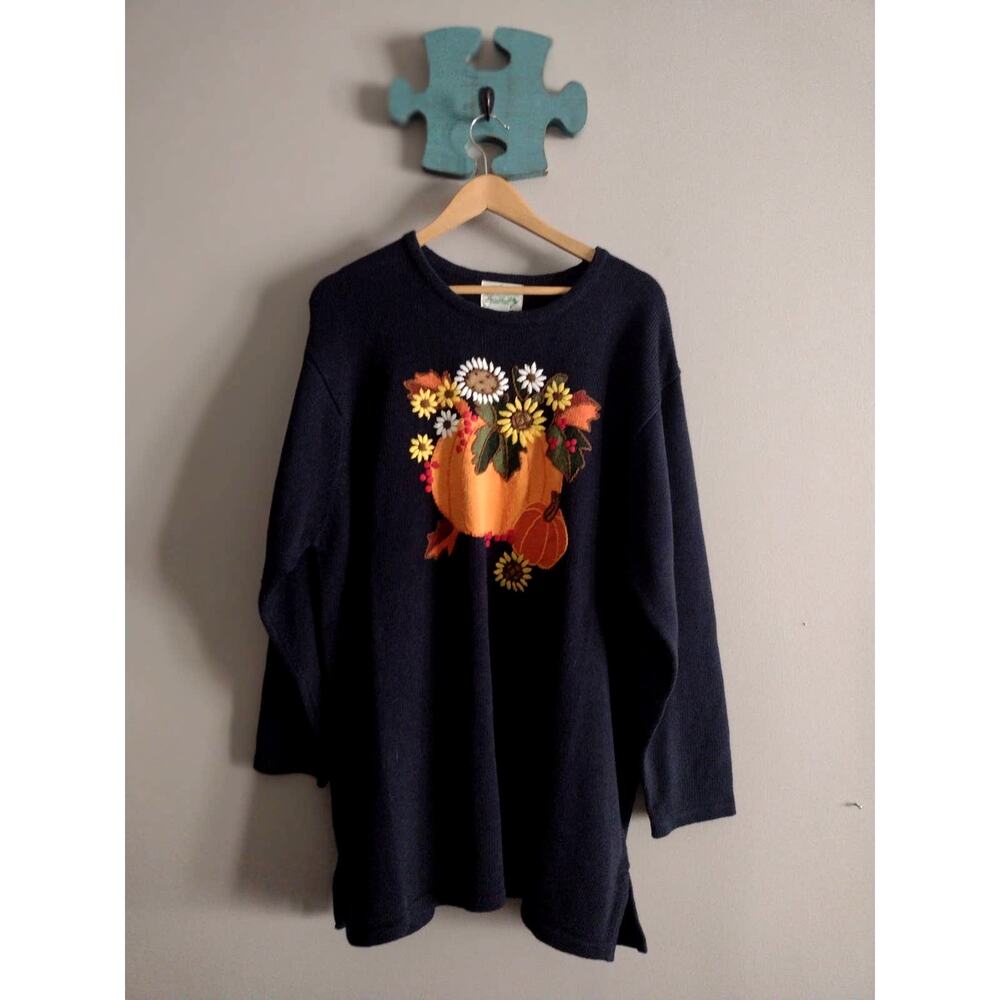 NWT Quacker Factory 2X Fall Harvest Pumpkin Thanksgiving Embroidered Sweater